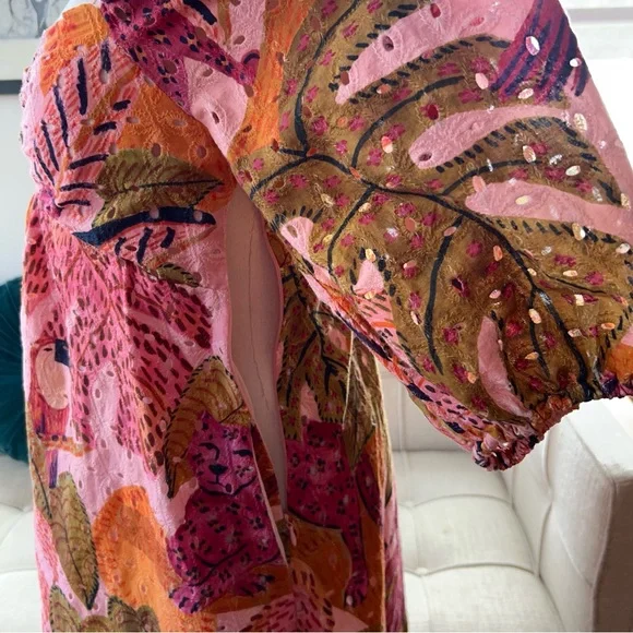 Anthropologie Kourt “Robbie” Cotton Eyelet Mini Dress, Tropical Palm Print - Picture 7 of 12